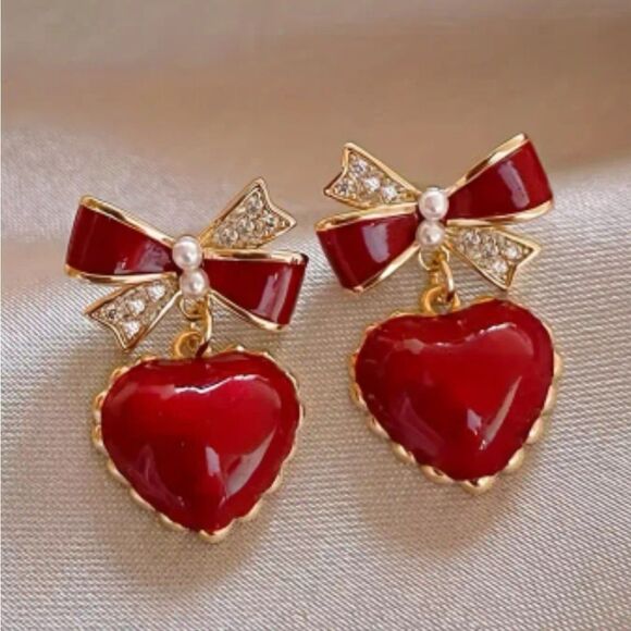💲6️⃣ Bundled ✔️Bauble Heart-Shaped Dangle Red Gold Heart Earrings - Picture 9 of 10